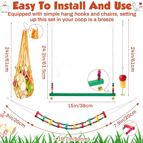 VioraWhite 9 Pcs Chicken Toys for Coop, Wind Chime, Chicken Mirror Toys with Bells, Beak Grinding Stones Swing Vegetable Net Bag, Vegetable Fruits Hanging Fork for Hens Bird Parrot
