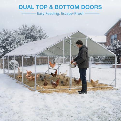 Large Metal Chicken Coop, Outdoor Chicken Run with Cover, 10 x 26 x 6.5 FT | Heavy-Duty Poultry Enclosure & Chicken Pen with Split Doors, Galvanized Steel Frame, Free Wire Mesh Fence and Roosting Ladder - size: 10' x 26'