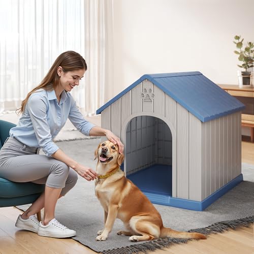 DRATO Large Dog House Indoor Outdoor, Blue, 38.62×36.26×38.07 in | Waterproof, Puppy Shelter with Air Vents and Elevated Floor, Sturdy Dog Kennel for Small to Large Sized Dogs - color: Blue, size: Large Dog:38 Inch