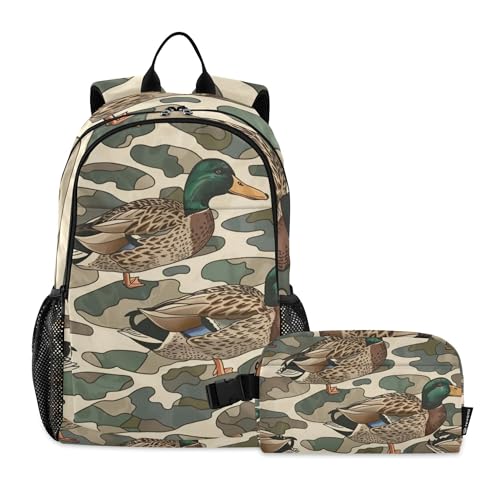 Duck Camo Camouflage Backpack with Lunch Bag for Boys Girls, Travel School Backpack Set - color: Brown and Green