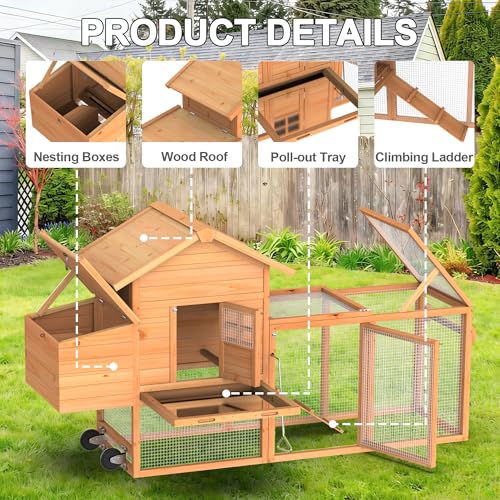 GOJOOASIS Portable Chicken Coop with Wheels & Handrail, Weatherproof Wooden Hen House, Removable Tray & Nesting Box, Ideal for Chickens, Ducks, Rabbits & Small Animals (80" Wood Top with Wheel)