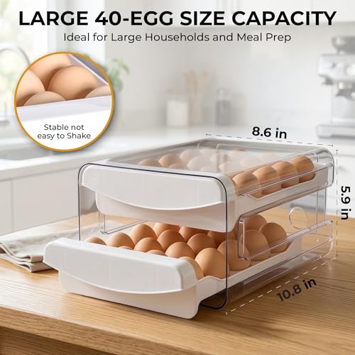 ALKAMI Egg Organizer for Refrigerator with Lid, Multi-Layer Egg Storage Container for Fridge 40 Eggs, Clear Plastic Dispenser Tray with Anti-Roll Cups, Large Capacity Space Saving Egg Bin