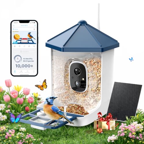 LIWAN Bird Feeder with Camera Solar Powered, 1 Year Trial AI Identify, 2K Live Video, Smart Bird Feeder Camera Wireless Outdoors, 2.4GHZ WiFi, Instant Arrival Alerts, Ideal Gift for BirdLovers