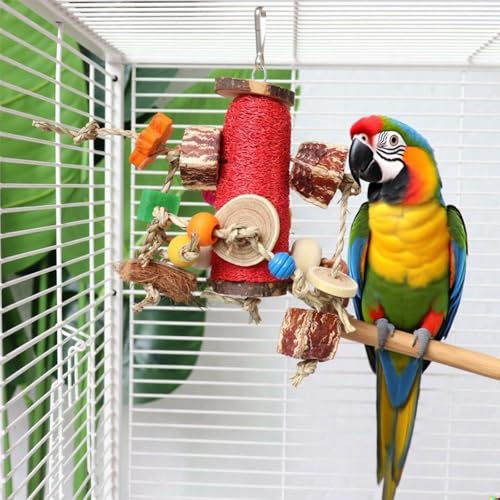 Natural Loofah Parrot Chew Toy - Hanging Bird Shredding Foraging Toy with Colorful Rope, Wood Blocks & Beads for Macaws, Cockatoos, African Grey, Conures - Bird Cage Chewing Entertainment Toy.