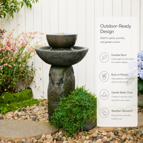 Outdoor Bird Bath Fountain with Planter Spot, Lighted Rustic Faux Stone Pedestal Birdbath, Relaxing Water Feature Decor for Wild Birds, Yard and Backyard Garden - color: Grey-28 in