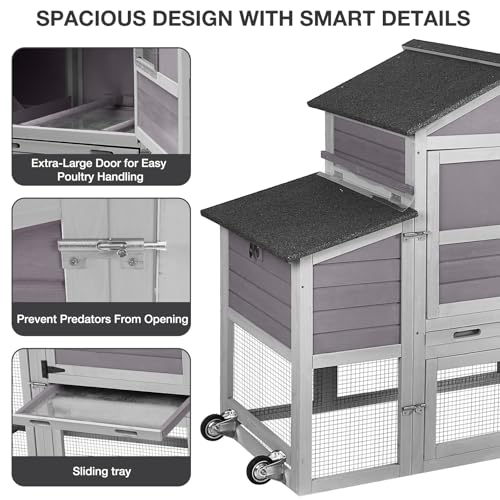 Large Chicken Coop with Wheels, Wooden Hen House with Run & Nesting Box, for 3-5 Chickens, Waterproof Asphalt Roof, Ramp & Leakproof Tray, Expandable - Grey - color: Grey (AIR72)