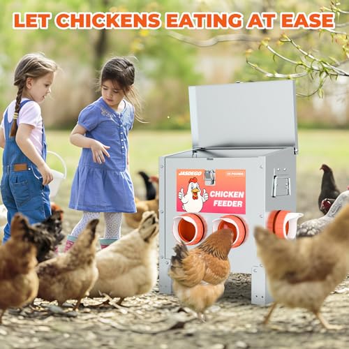 4 Port Automatic Chicken Feeder, No Waste Poultry Feeder with Lid | 25 LBS Large Gravity, Weatherproof Lid, Locking Latch, Convenient Handle, Heavy Duty Automatic Metal Chicken Feeder