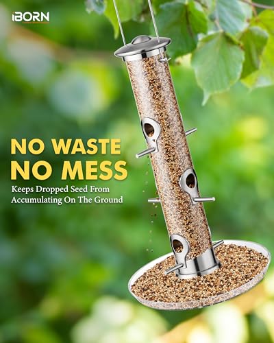 iBorn Bird Feeders Seed Catcher for Outside Hanging 6 Port Bird Feeder for Cardinal Birds Aluminium Metal,Brushed Nickle Finishing 14 Inch 6 Port (Seed is not Included) - color: Brushed Nickle, 14 inch, 6 Ports