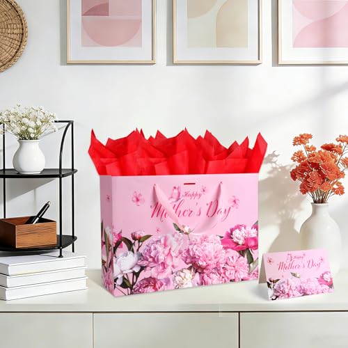 Mothers Day Gift Bag(13.8x9.8x4.2 Inch) with Tissue Paper Greeting Card Large Pink Flower Paper Bags Happy Mother's Day Celebration Gift Wrap Unique Floral Goodie bag Pouch Baggies Mom for Grandma - color: Mothers Gift Bag