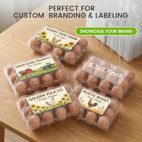 100 PCS Plastic Egg Cartons Bulk with Date Labels, 12 Count | Clear Reusable Egg Holder for Fresh, Medium Eggs Storage, Suitable for Farms, Families, Markets Display