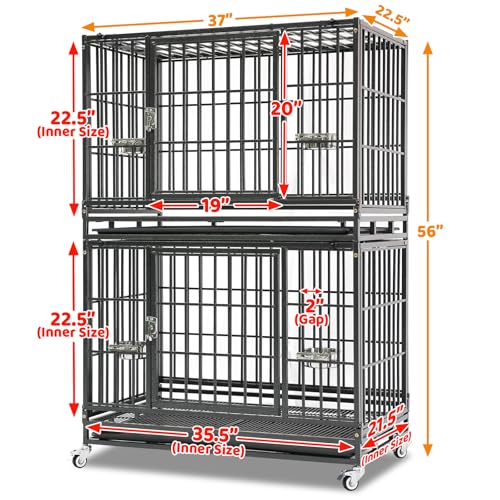 Homey Pet 37 Inch Two Tiers Stackable Dog Crates for Medium Dogs | Indestructible Heavy Duty Dog Cage with with Lockable Wheels, Removable Tray, Opent Top, Escape Proof Locks, Bowls - size: 37.0"L x 22.5"W x 55.5"H