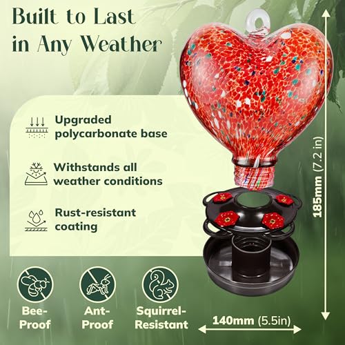 Hand Blown Glass Hummingbird Feeder for Outdoors All Season Use - 28 Fl. Oz. Leak Proof Hummingbird Feeder with Rust Proof Base - Includes Ant Moat, Ant & Bee Proof (Red) - color: Red