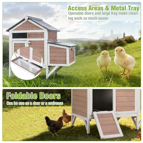 GUTINNEEN Chicken Coop Outdoor Weatherproof Duck House with Nesting Box, Perches, Metal Tray for 2-4 Chickens, Ducks, 40.94" L x 27.37" W x 38.55" H-Brown - color: (Brown)