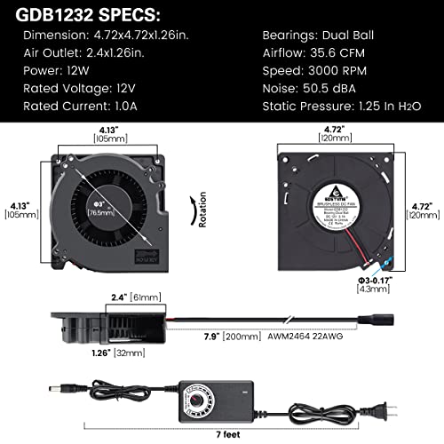 GDSTIME 120mm Blower Fan, AC 110V 220V DC 12V Powered Fan with Speed Control, for Receiver DVR Xbox Modem AV Cabinet Cooling | Dual Ball Bearing, Squirrel Cage, Centrifugal Fans, High Airflow, for Receiver DVR Xbox Modem AV Cabinet Cooling - 1232 - size:
