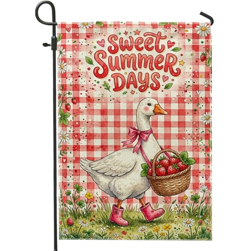 Goose Garden Flag, Summer Playful Strawberries Basket Summer Red Double Sided Burlap Decorative Outside Flags for Outdoor Patio Lawn Porch Entrance Campsite 12x18 Inch - size: 12x18 Inch