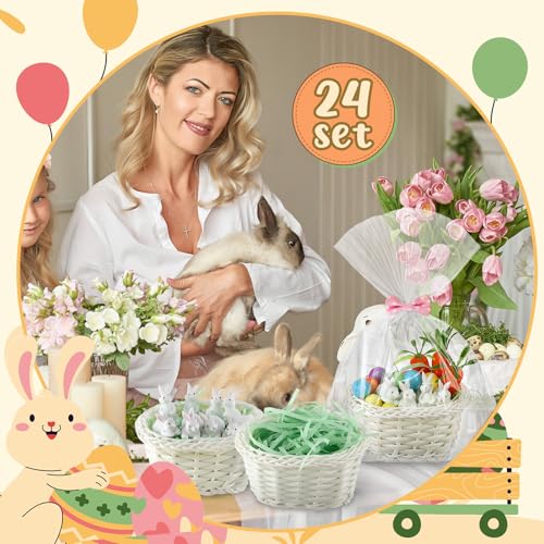 Cinnvoice 24 Sets Mini Easter Party Favor Supplies, Mini Easter Baskets with Eggs, Bunnies, Carrots, Grass & Opp Bags for Spring Egg Hunts, DIY Crafts (White) - color: White