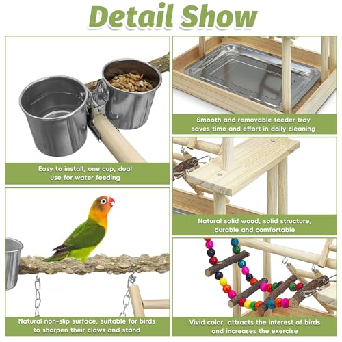 PINVNBY Bird Playground Parrot Perch Stand Play Gym Cockatiel Wood Bird Toys Birds Cage Accessories Playpen Ladder with Feeder Cups Hanging Swing Toys for Parakeet Conure Lovebird Cockatiel - size: Two Floors With Bell Platform