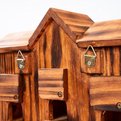 MIXUMON 8-Room Wooden Bird House with 2 Front Feeders – Large Outdoor Birdhouse for Multiple Birds, 1.57” Entrance Holes, Easy Access Cleaning Doors, Rustic Burnt Wood Design for Garden, Yard & Patio