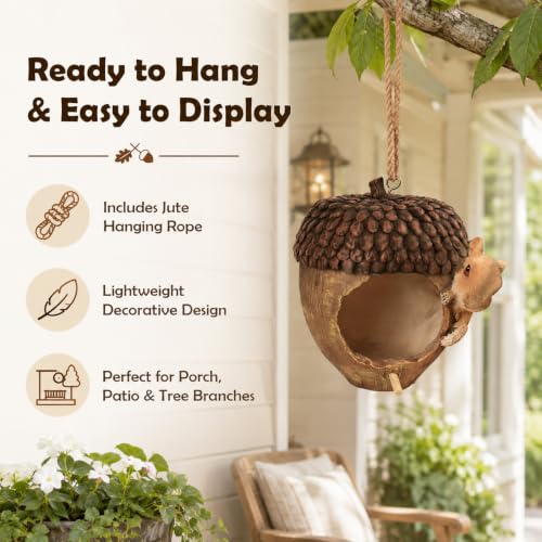 Acorn Bird House for Outside, Hand-Painted Resin Hanging Birdhouse with Squirrel, Weather-Resistant Decorative Bird House for Garden, Patio, Yard & Porch - style: Acorn