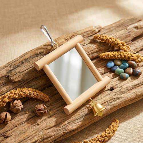 Bird Mirror with Bell for Cage for Coop Enrichment, 4 x4 Inch Hanging Swing Pet Mirror Chicken Enrichment Toys for Hens Birds Parrots(Wood Color) - color: Wood Color
