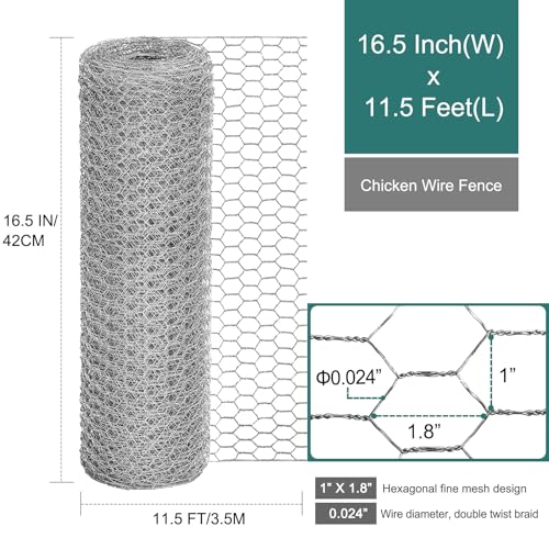Chicken Wire Fencing, 16.5 Inch x 138 Inch Chicken Wire Mesh for Garden | 24 Rifny 1 Inch Mesh, Hexagonal Galvanized Metal Poultry Wire Netting Roll, for Chicken Coop Rabbit Dogs Plant Barrier - size: 16.5 x 138 Inches-1 Inch Mesh