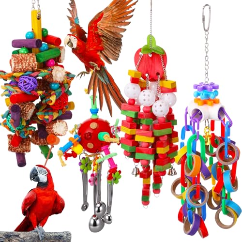 Soulchen 4 Pcs Extra Large Bird Parrot Toy Set Natural Wooden Chewing Toy, Rattan Ball, Wood Nut Loofah String (Bagged) for Large Medium Macaws, African Grey, Parrots (Corn Cob) - style: Corn Cob