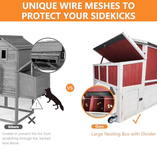 PetsCosset 95.3" Mobile Chicken Coop Tractor Hen House with Nesting Box,Backyard Chicken Coops Chicken House,2 Story Wooden Indoor Outdoor Poultry Cage for 3-5 Chicken with 6 Access,Pull-Out Tray(RED) - size: 95.3" L - Red