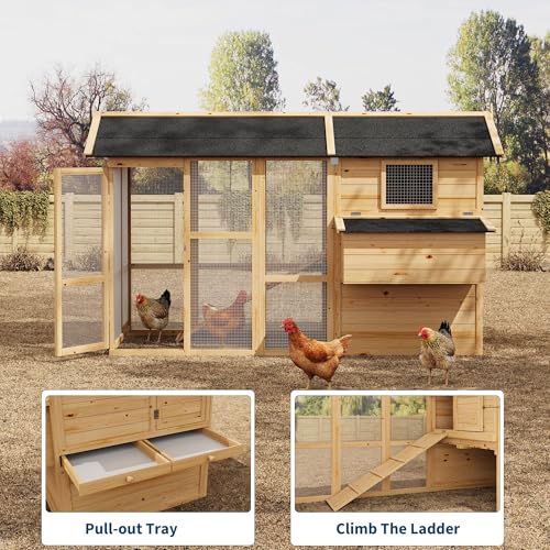 IDEALHOUSE Large Outdoor Chicken Coop for 4-6 Chickens Wooden Hen House with Waterproof Asphalt Roof, Ramp, Nesting Box, Wire Fence, (80" x 35" x 54") Natural