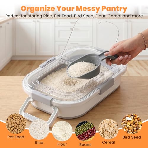 30 Lbs Rice Container, Collapsible Dog Food Storage Container | Airtight Cat Food Container with Wheels, Transparent Lid, Measuring Cup, Scoop and Handle, BPA Free for Pet Food, Bird Seed - size: 29lbs