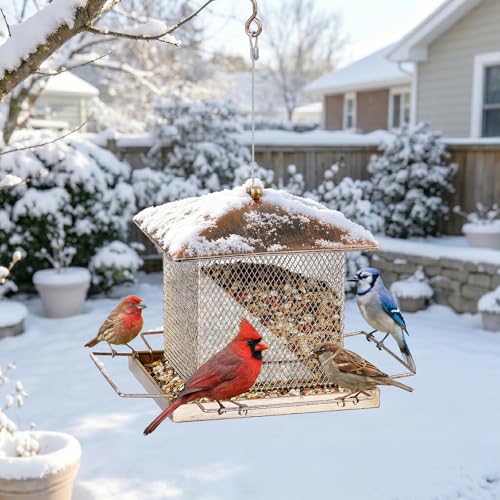 Bird Feeder, 3.5LB Large Capacity Bird Feeders for Outdoor Hanging | Heavy Duty Metal, Waterproof, Drain Holes, 4 Perches, Easy to Fill, Wild Birdfeeder, For Garden Yard Outside Backyard - size: Square, 3.5 pounds