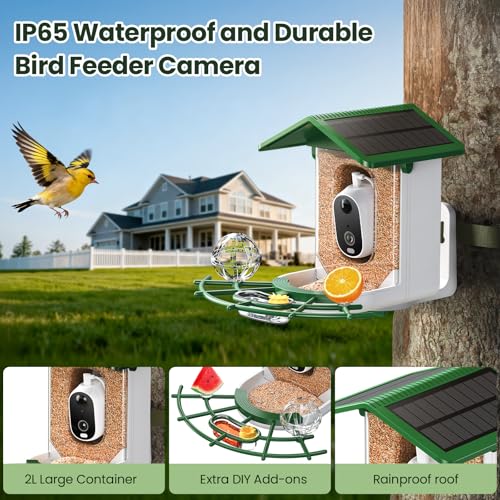 TECKNET Smart Bird Feeder with Camera, 2K UHD Video, AI Bird Species Identification, Instant Arrival Alerts, Solar Powered, Waterproof Birdhouse Camera, Gift for BirdLovers, Family, Green