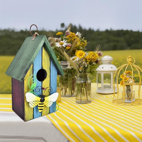 Morning View Bird Houses for Outside Decorative Nest Box Wooden Birdhouse Hanging Spring for Yard Garden Patio Outdoor Small Birds Bluebird Finch Cardinals Wren 9.35 Inch Tall (Light Blue) - style: Bee