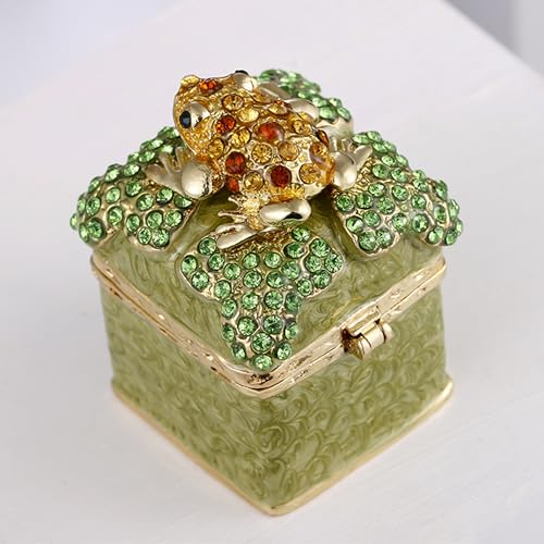 Hand Painted Enameled Mini Frog Trinket Box, Hinged Unique Mini Ring Necklace Jewelry Organizer, Classical Bejeweled Storage, Figurine Collectible Keepsake Home Decor (Frog on Box) - color: Frog on Box