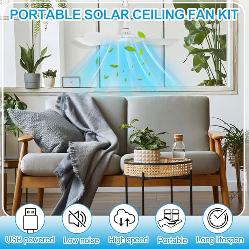Tujoe Solar Ceiling Fan for Outdoor, 15w USB Portable Ceiling Hanging Fan, Dual Charging Modes & Solar Panel Powered for Chicken Coop, Tent, Greenhouse, Shed, Gazebo