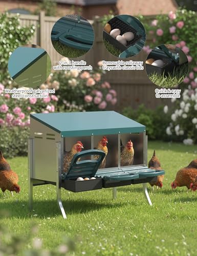 GarveeLife Chicken Nesting Box 3 Hole, Galvanized Steel Nest with Roll Away Egg Collection & Swing Perch, Easy-Clean Laying Box for Hens, Heavy Duty Design for Chicken Coop - color: Green, size: 3 holes with legs