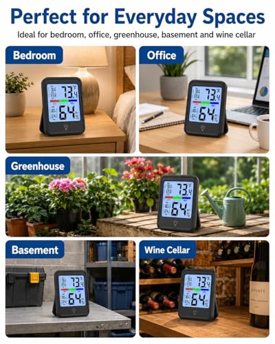 Indoor Thermometer Hygrometer, Temperature Humidity Monitor with Max/Min Records, 10-Second Backlight, Wall/Tabletop for Home, Office & Greenhouse