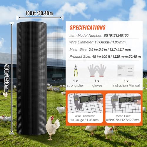 VEVOR Hardware Cloth, 48'' x 100' 1/2inch Galvanized Wire Mesh Roll, 19 Gauge Chicken Wire Fencing Roll, Vinyl Coating Metal Wire Mesh for Chicken Coop Barrier, Rabbit Snake Fences, Poultry Enclosures - size: 1/2inch 48'' x 100'