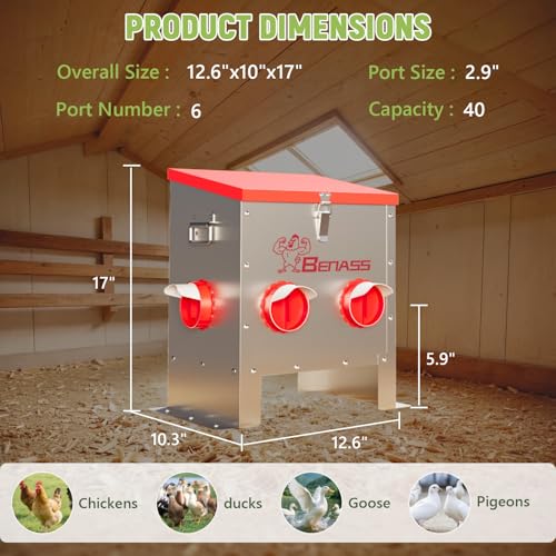 40LB Automatic Chicken Feeder, No-Waste Metal Poultry Feeder with 6 Ports, Predator-Proof Latch & Weatherproof Design, Includes Anti-Tip Ground Stakes & Vegetable Hanging Feeder - size: 40LB-6 Ports