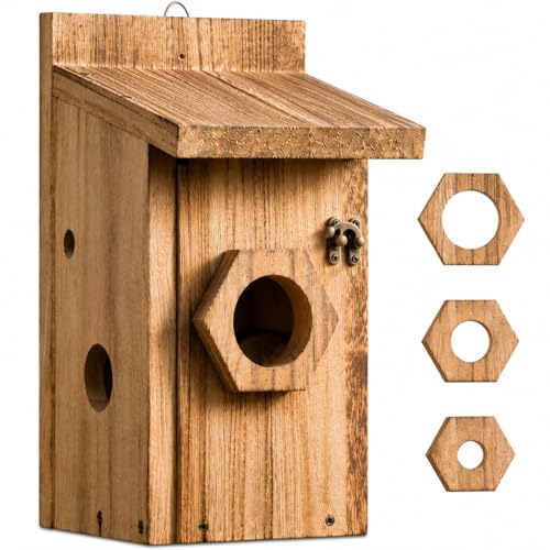 Bird House for Outside Hanging, Wooden Bluebird House with 3 Entrance Hole Sizes, Easy Clean Outdoor Birdhouse for Bluebirds Wrens Chickadees Finch Swallow, Ventilated Cedar Nesting Box - style: 1 Pack
