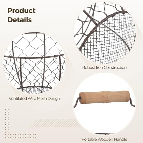 2 Pcs Wire Egg Baskets, Farmhouse Chicken Egg Collecting Baskets, Rustic Metal Egg Storages with Wooden Handle, Stackable Fresh Holders for Fruits, Vegetables, Sundries
