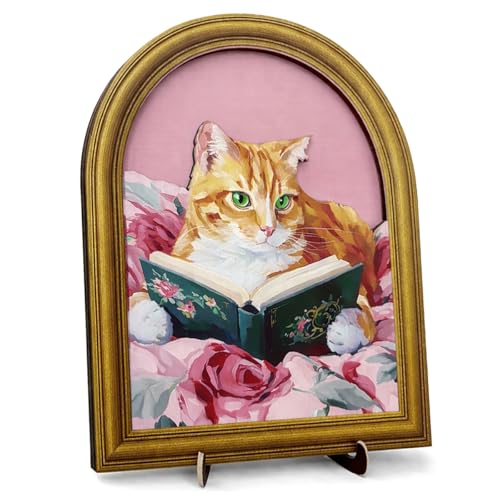 3D Pink Cute Cat Reading Table Decor Sign, Vintage Cat with Book Wall Art Sign for Home Bedroom Reading Room Desk Wall Shelf Decor 8x10 Inch - color: color-B
