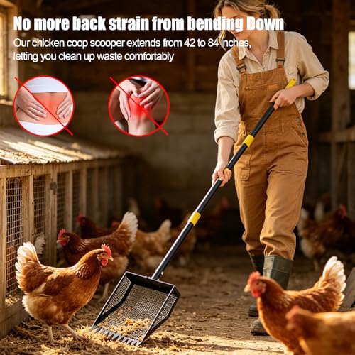 Chicken Poop Scooper & Rake, 42-84" Adjustable Chicken Scooper for Poop, Metal Sand Sifting Litter Shovel for Chicken & Goat Coop, Black