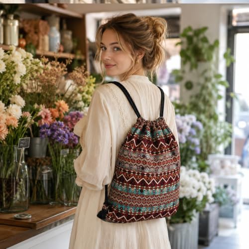 Van Caro Bohemian Drawstring Backpack Light Cinch Bag Gym Sack String Bag - color: D-black