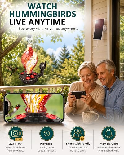 LUJII Smart Hummingbird Feeder with Camera, Hand Blown Glass for Outdoor Hanging, Solar WiFi Feeder with Live View App, 6 Feeding Ports, Leak-Resistant Design, Ant Moat & Gift Box, 28 fl oz, Red - color: Red, size: Large