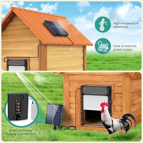 Automatic Chicken Coop Door with Timer & Light Sensor, 4 Modes Automatic chicken door with Remote Control & Anti-pinch Function, Solar Chicken Coop door with External Power Supply Connection, Outdoor
