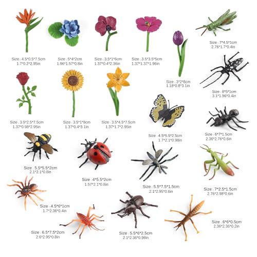 20Pcs Realistic Insect Toys Set with Flower and Bug Figures for Kid | Fake Bug Toys, Ideal for Halloween, Birthday Party Favors, Cupcake Topper, Education, April Fool's Day Prank Gifts, Non-toxic - style: Insect