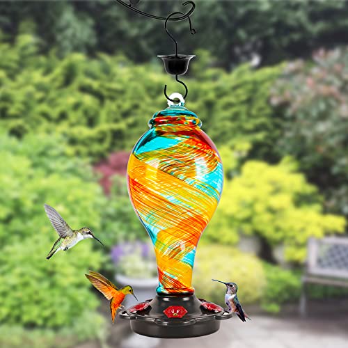 LUJII Hand Blown Glass Hummingbird Feeder for Outdoors Hanging with Ant Moat, 36 fl.oz, Leak Proof & Rustproof, Metal Base with 5 Feeding Ports & 5 Perches, Unique Garden & Backyard Decor (Ribbon) - color: Ribbon, size: Large