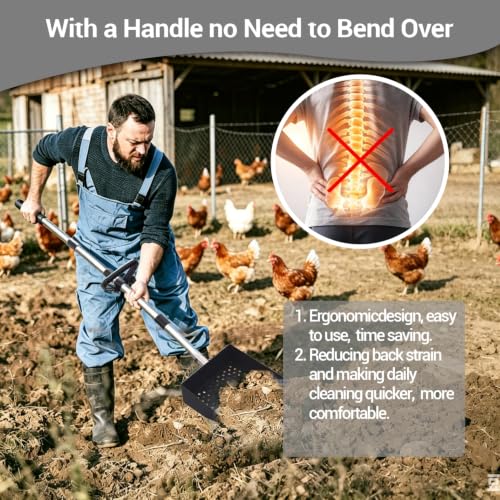 Chicken Poop Scooper, 10.2" Metal Steel Sifting Shovel with Ergonomic Grip, 37-62in Extendable Stainless Steel Handle, Professional Poultry Litter Cleaner for Chicken Coop, Duck, Goat & Sand