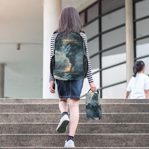 Lightning Tornado Grey Backpack with Lunch Bag, School Travel Backpack for Teens Boys Girls Backpacks Set - color: Grey and Brown