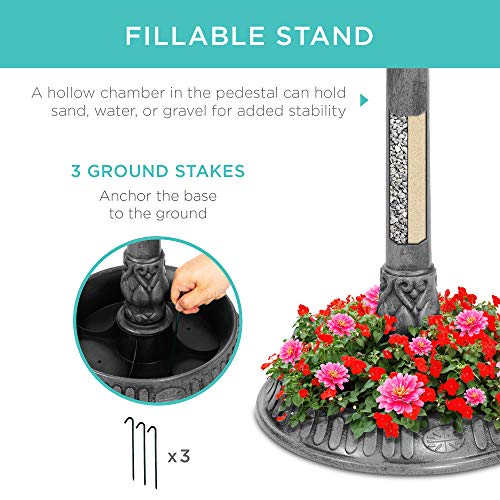 Best Choice Products Solar Outdoor Bird Bath Vintage Resin Pedestal Fountain Decoration for Yard, Garden w/Planter Base, Feeder, Decorative Bird Cage, Fillable Stand - Stone - color: Stone